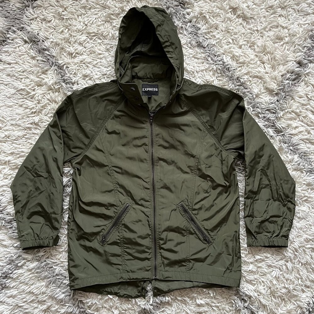 Express Jacket Hooded Green Size Large Foldable Hood Full Zip Up Roll up Sleeves